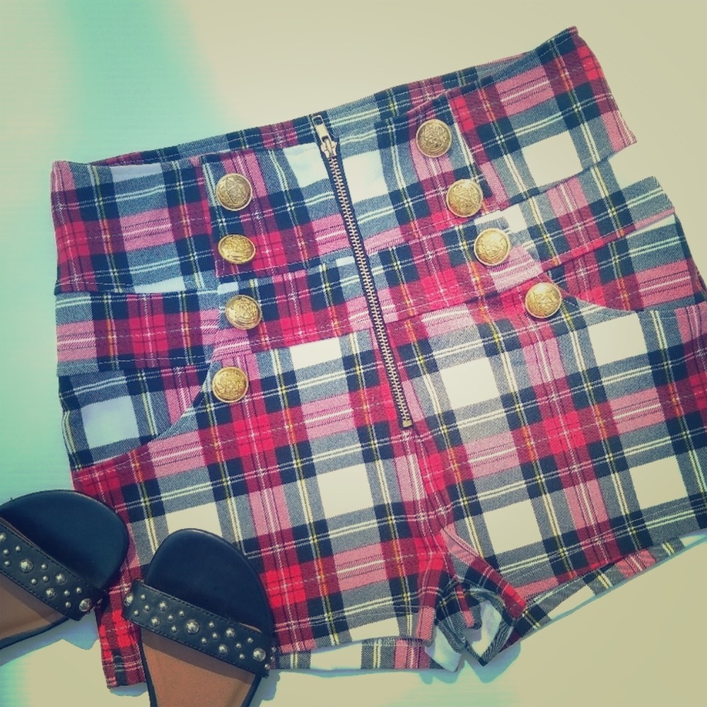 Tartan Plaid Sailor Style High Waist Zipup Shorts